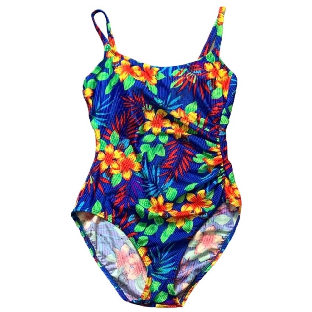 Vintage Cole of California One Piece Swimsuit Womens M Blue Floral Ribbed Ruched